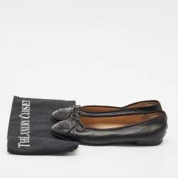 Chanel Black Leather and Patent Cap Toe CC Bow Ballet Flats Size 35