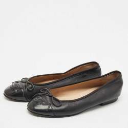 Chanel Black Leather and Patent Cap Toe CC Bow Ballet Flats Size 35