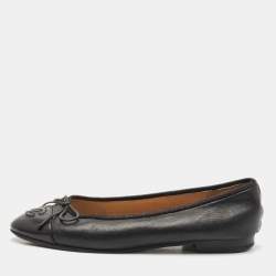 Chanel Black Leather and Patent Cap Toe CC Bow Ballet Flats Size 35