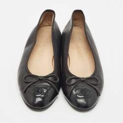Chanel Black Leather and Patent Cap Toe CC Bow Ballet Flats Size 35