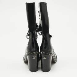 Chanel Black Patent Leather Chain Detail Mid Calf Boots Size 38