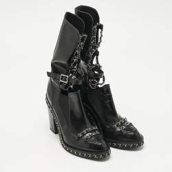 Chanel Black Patent Leather Chain Detail Mid Calf Boots Size 38