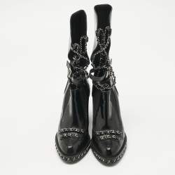 Chanel Black Patent Leather Chain Detail Mid Calf Boots Size 38