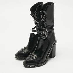 Chanel Black Patent Leather Chain Detail Mid Calf Boots Size 38