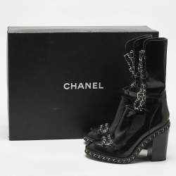 Chanel Black Patent Leather Chain Detail Mid Calf Boots Size 38