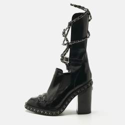 Chanel Black Patent Leather Chain Detail Mid Calf Boots Size 38