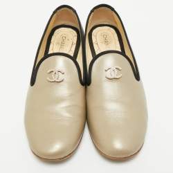 Chanel Light Gold/Black Leather and Fabric CC Pearl Smoking Slippers Size 40