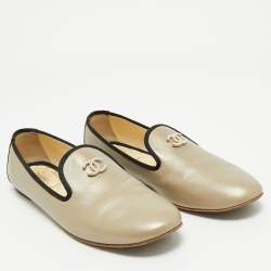 Chanel Light Gold/Black Leather and Fabric CC Pearl Smoking Slippers Size 40