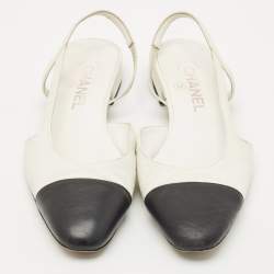 Chanel White/Black Leather CC Cap Toe Slingback Flats Size 37.5