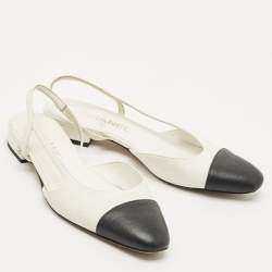 Chanel White/Black Leather CC Cap Toe Slingback Flats Size 37.5