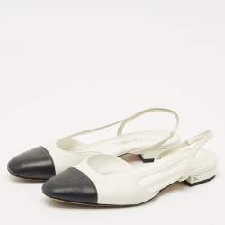 Chanel White/Black Leather CC Cap Toe Slingback Flats Size 37.5