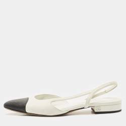 Chanel White/Black Leather CC Cap Toe Slingback Flats Size 37.5