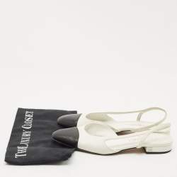 Chanel White/Black Leather CC Cap Toe Slingback Flats Size 37.5