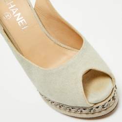 Chanel Grey Canvas Peep Toe Slingback Platform Sandals Size 37.5
