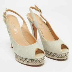 Chanel Grey Canvas Peep Toe Slingback Platform Sandals Size 37.5