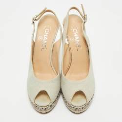 Chanel Grey Canvas Peep Toe Slingback Platform Sandals Size 37.5