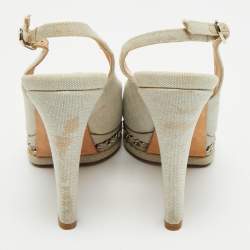 Chanel Grey Canvas Peep Toe Slingback Platform Sandals Size 37.5