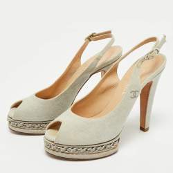 Chanel Grey Canvas Peep Toe Slingback Platform Sandals Size 37.5