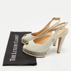 Chanel Grey Canvas Peep Toe Slingback Platform Sandals Size 37.5