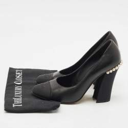 Chanel Black Leather and Fabric CC Cap Toe Pearl Block Heel Pumps Size 39
