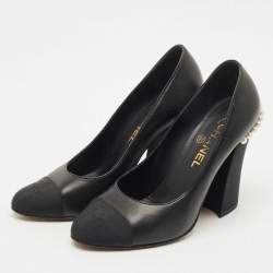 Chanel Black Leather and Fabric CC Cap Toe Pearl Block Heel Pumps Size 39