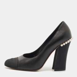 Chanel Black Leather and Fabric CC Cap Toe Pearl Block Heel Pumps Size 39