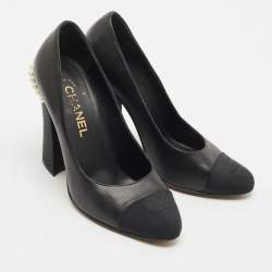 Chanel Black Leather and Fabric CC Cap Toe Pearl Block Heel Pumps Size 39