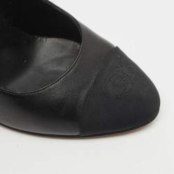 Chanel Black Leather and Fabric CC Cap Toe Pearl Block Heel Pumps Size 39