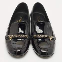 Chanel Black Patent Leather CC Slip On Loafers Size 39