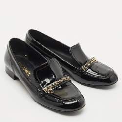Chanel Black Patent Leather CC Slip On Loafers Size 39