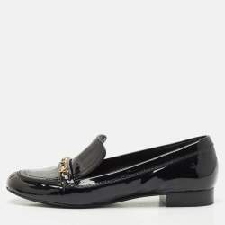 Chanel Black Patent Leather CC Slip On Loafers Size 39