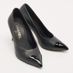 Chanel Black Patent and Leather Cap Toe Pearl Pumps Size 36.5