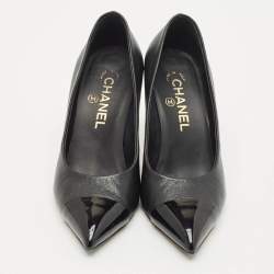 Chanel Black Patent and Leather Cap Toe Pearl Pumps Size 36.5