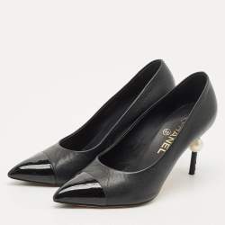 Chanel Black Patent and Leather Cap Toe Pearl Pumps Size 36.5
