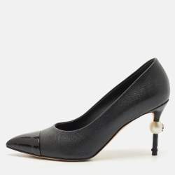 Chanel Black Patent and Leather Cap Toe Pearl Pumps Size 36.5