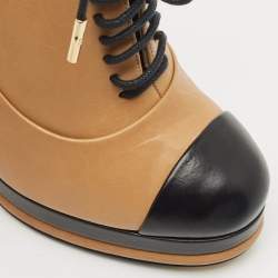 Chanel Beige/Black Leather Cap Toe Platform Ankle Boots Size 38.5
