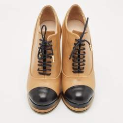 Chanel Beige/Black Leather Cap Toe Platform Ankle Boots Size 38.5