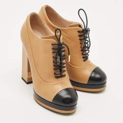 Chanel Beige/Black Leather Cap Toe Platform Ankle Boots Size 38.5