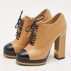Chanel Beige/Black Leather Cap Toe Platform Ankle Boots Size 38.5