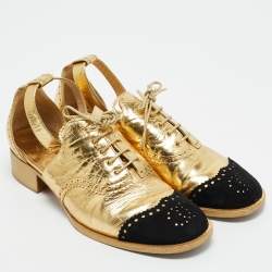 Chanel Gold/Black Leather and Suede CC Ankle Strap Oxford Sandals Size 38.5