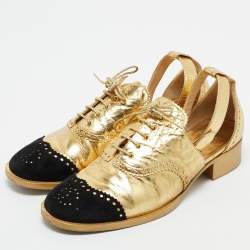 Chanel Gold/Black Leather and Suede CC Ankle Strap Oxford Sandals Size 38.5