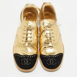 Chanel Gold/Black Leather and Suede CC Ankle Strap Oxford Sandals Size 38.5