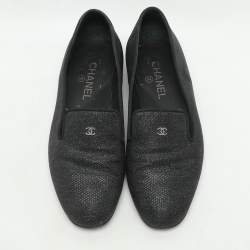 Chanel Black Lame Fabric CC Moccasins Size 39
