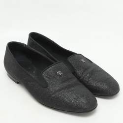 Chanel Black Lame Fabric CC Moccasins Size 39