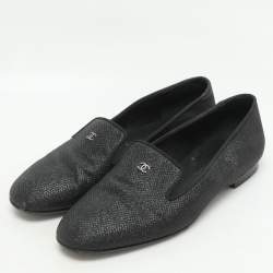 Chanel Black Lame Fabric CC Moccasins Size 39
