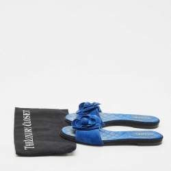 Chanel  Blue Suede Camellia Flat Slides Size 38