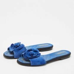 Chanel  Blue Suede Camellia Flat Slides Size 38