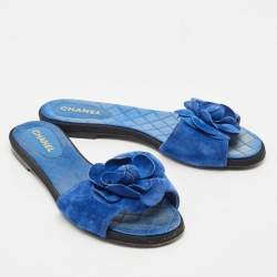 Chanel  Blue Suede Camellia Flat Slides Size 38