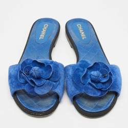 Chanel  Blue Suede Camellia Flat Slides Size 38