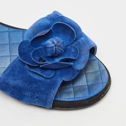Chanel  Blue Suede Camellia Flat Slides Size 38